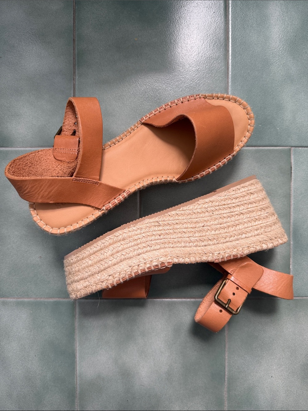 Soludos Tan Leather Espadrille Platform Wedge Sandals